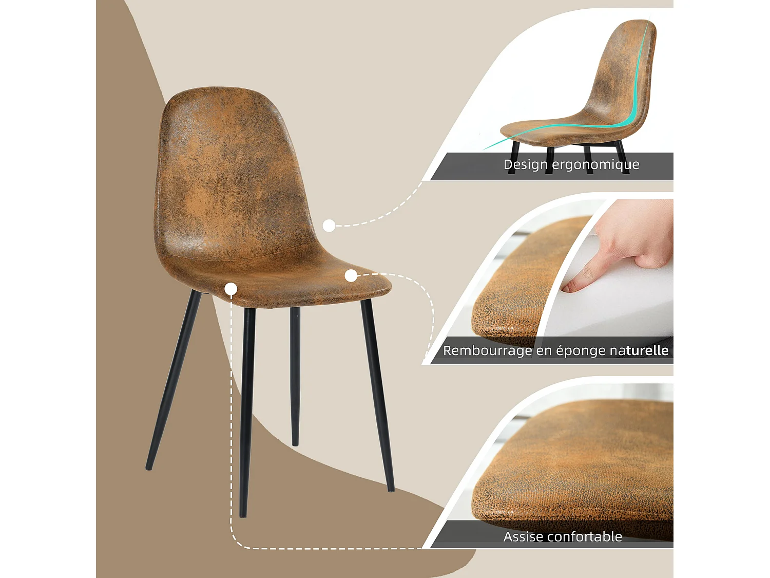 Lot de 4 chaises de salle à manger rétro vintage en tissu micro-fibre effet suède/daim avec pieds en métal noir