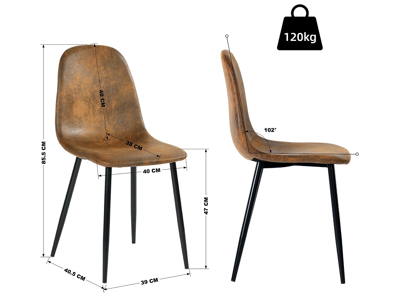 Lot de 4 chaises de salle à manger rétro vintage en tissu micro-fibre effet suède/daim avec pieds en métal noir