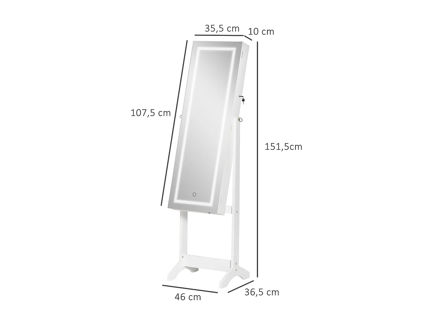 Espejo joyero de pie blanco 46x36.5x151.5 cm HOMCOM