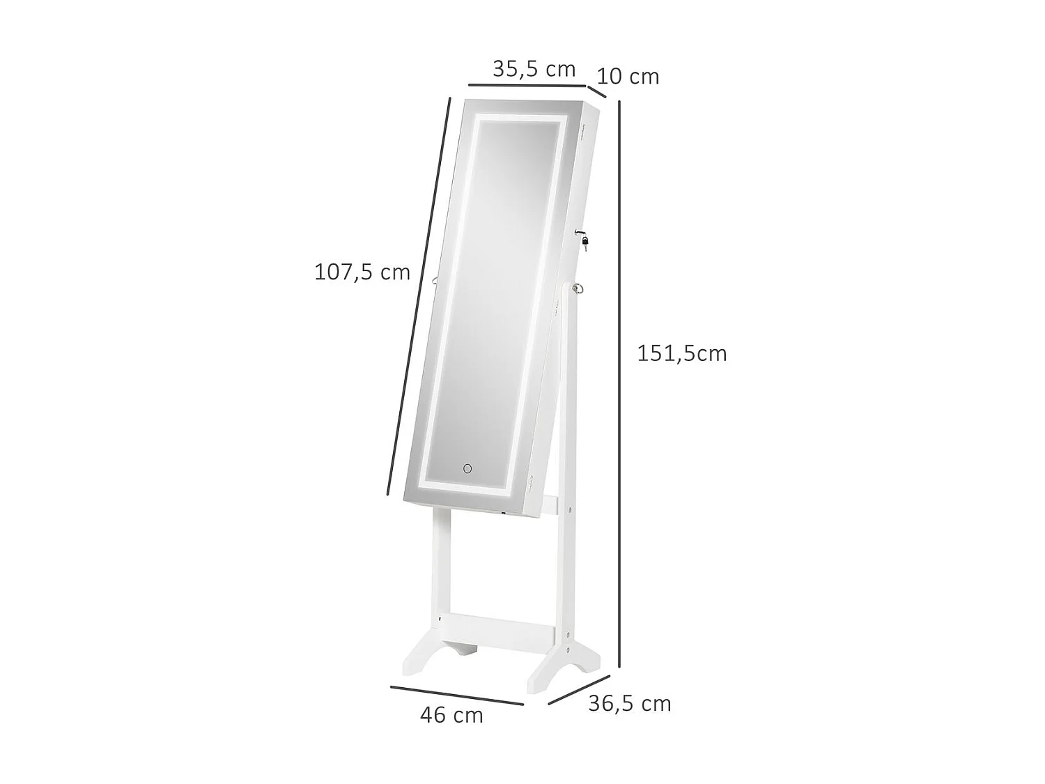 Espejo joyero de pie blanco 46x36.5x151.5 cm HOMCOM