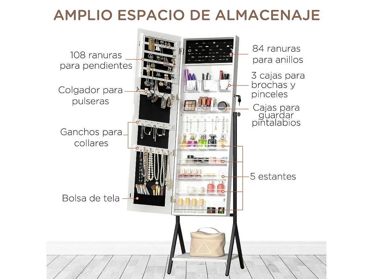 Espejo joyero de pie blanco y negro 47x36x157 cm HOMCOM