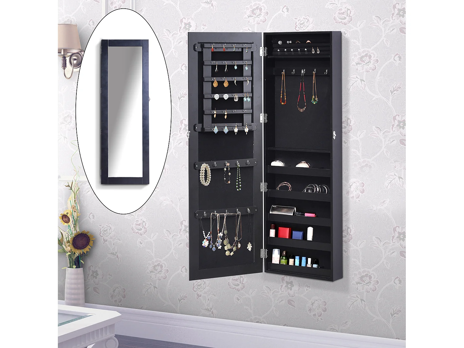 Espejo joyero de pared negro 37x9.5x112 cm HOMCOM