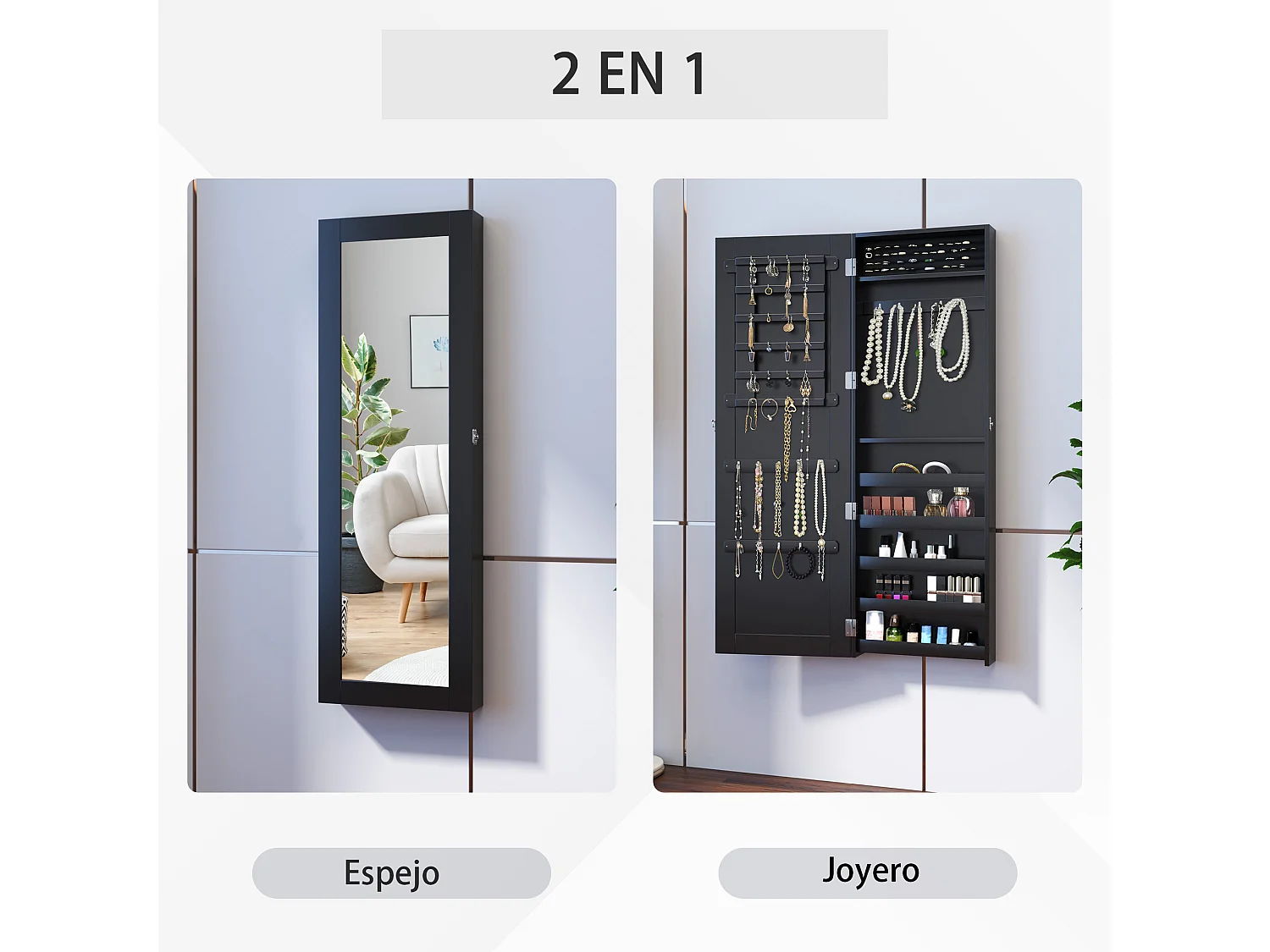 Espejo joyero de pared negro 37x9.5x112 cm HOMCOM