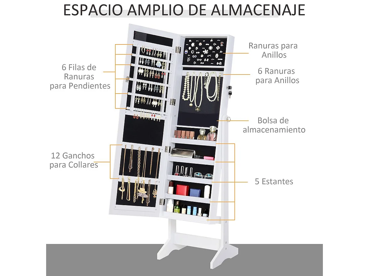 Joyero de pie con espejo blanco 40x37x146cm HOMCOM