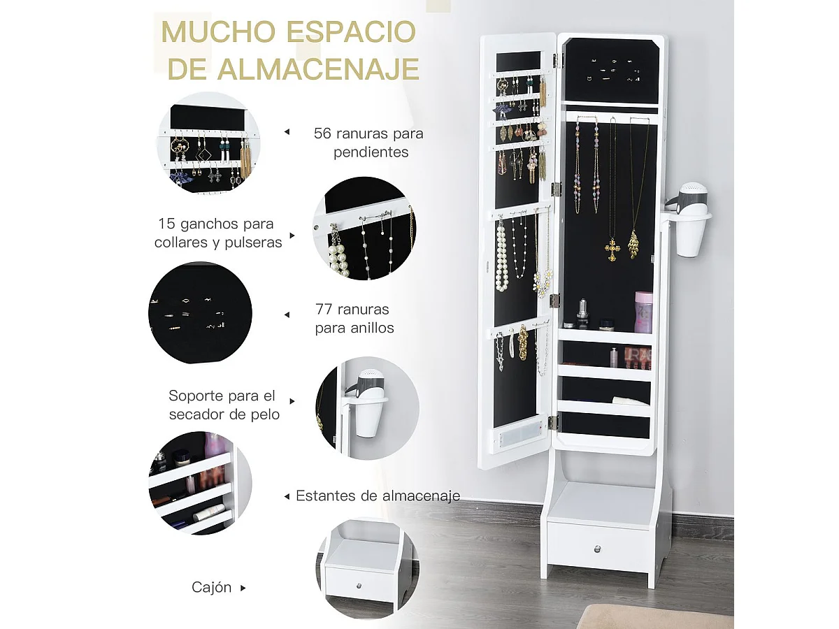 Espejo joyero de pie blanco 37x30x158 cm HOMCOM