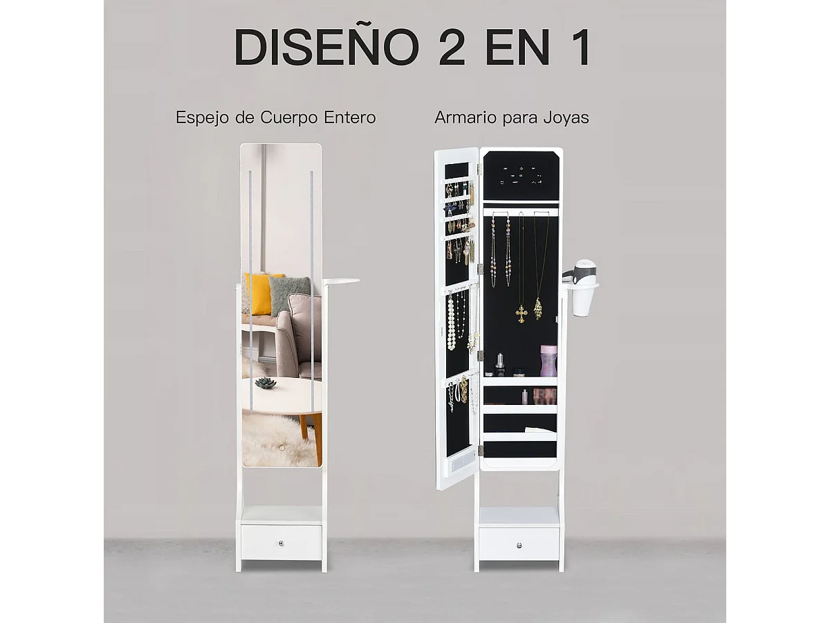Espejo joyero de pie blanco 37x30x158 cm HOMCOM