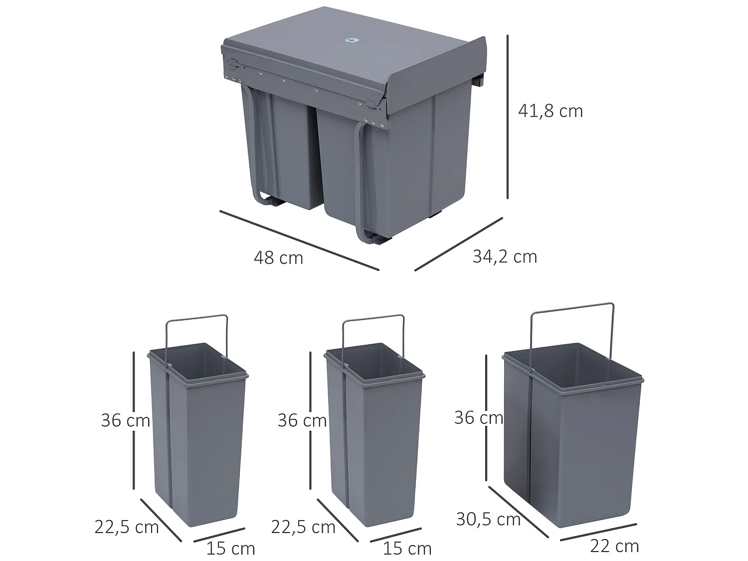 Cubo de basura de reciclaje gris 48x34,2x41,8 cm HOMCOM