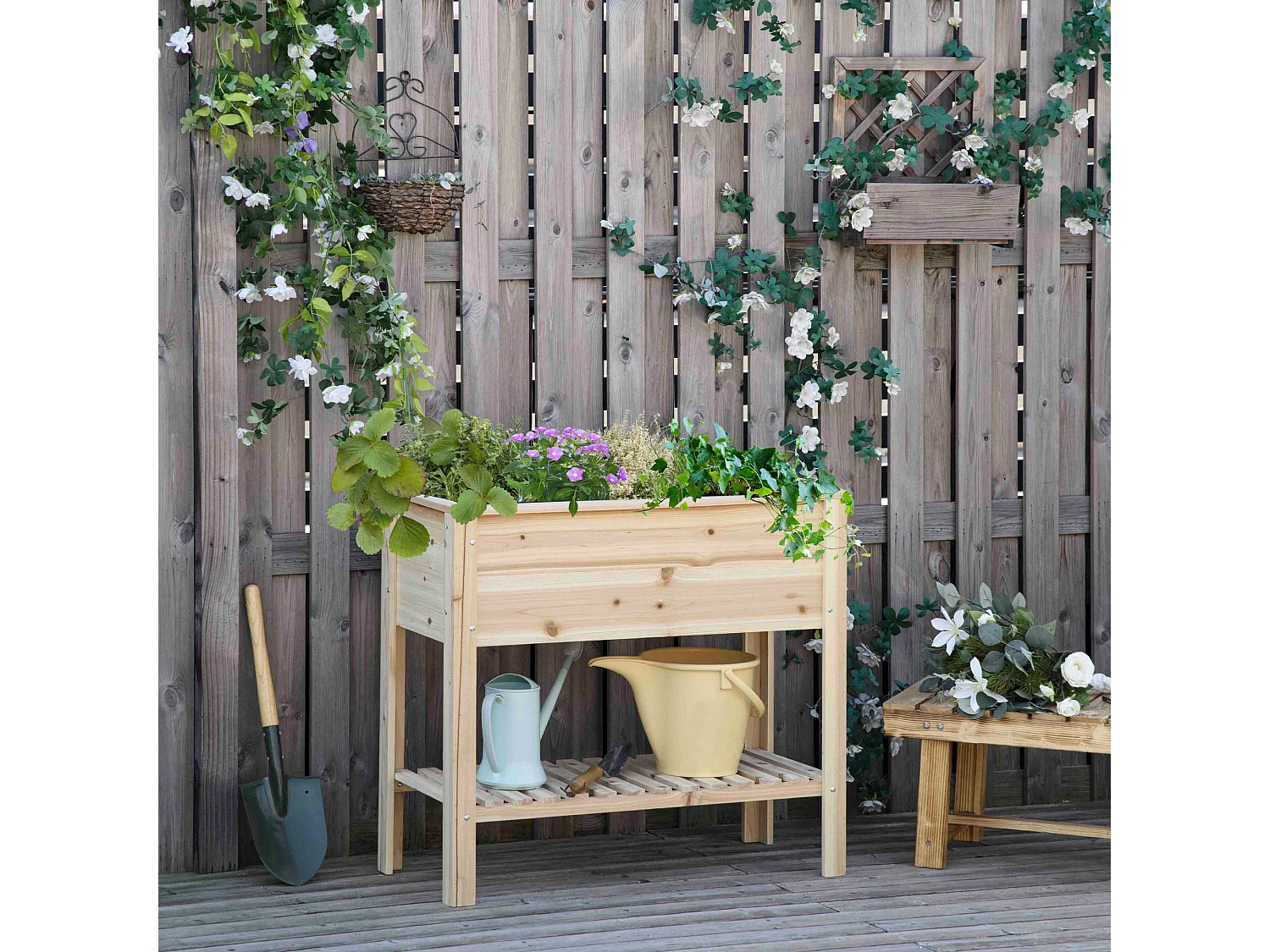 Huerto urbano elevado madera natural 90x40x81 cm Outsunny