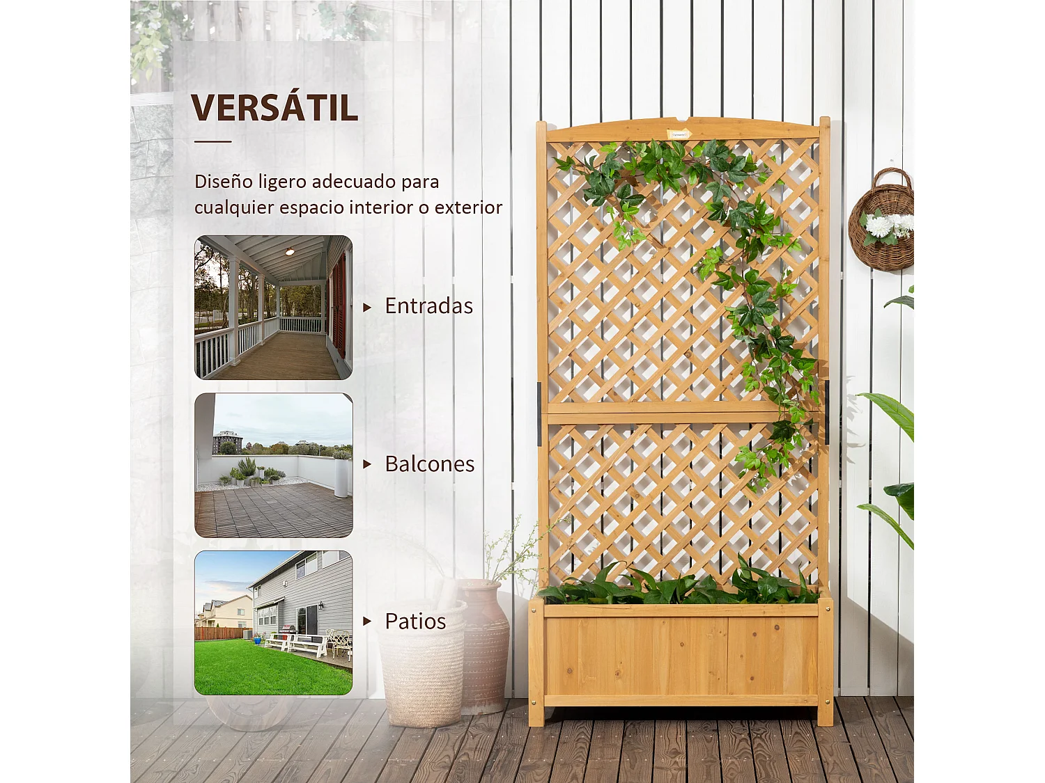 Jardinera con enrejado madera natural 90x45x180 cm Outsunny