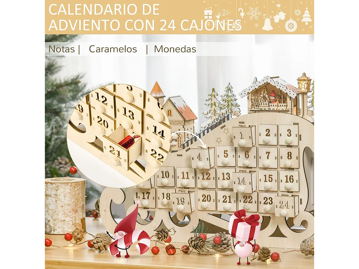 Calendario de adviento de navidad madera natural 45x10x31 cm HOMCOM