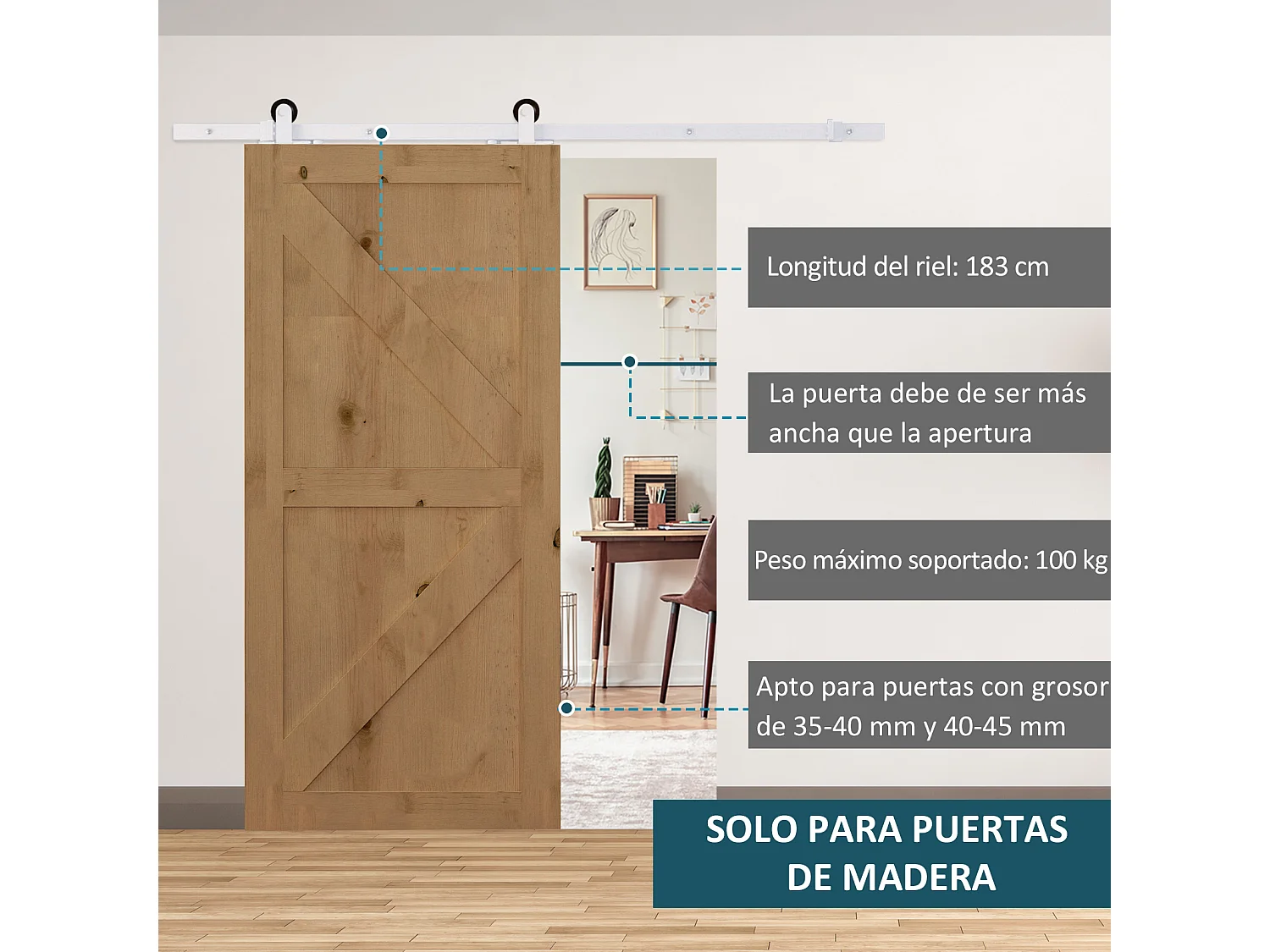 Herraje para puerta corredera blanco 183x0.6x4 cm HOMCOM