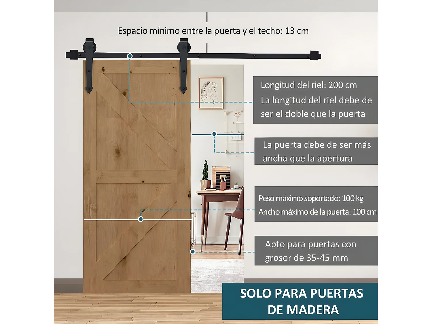 Herraje para puerta corredera negro 200x0.6x4 cm HOMCOM