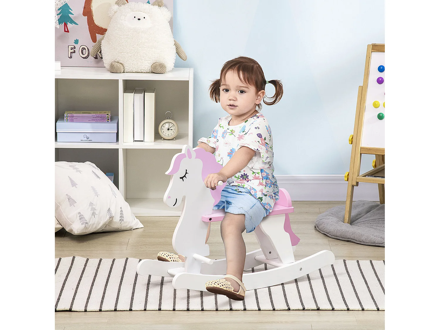 Caballito balancín infantil blanco y rosa 68x27x46.5 cm HOMCOM