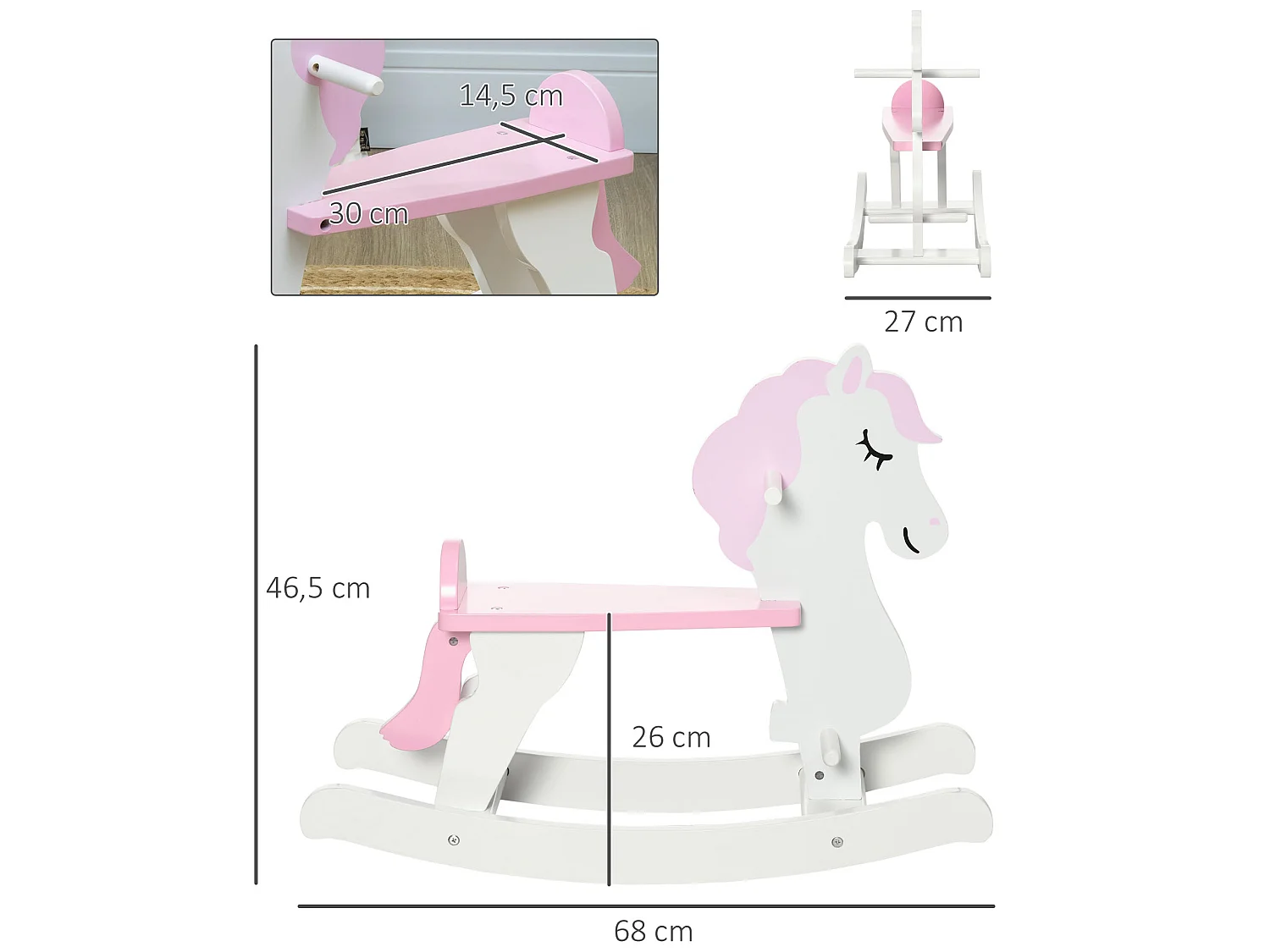 Caballito balancín infantil blanco y rosa 68x27x46.5 cm HOMCOM