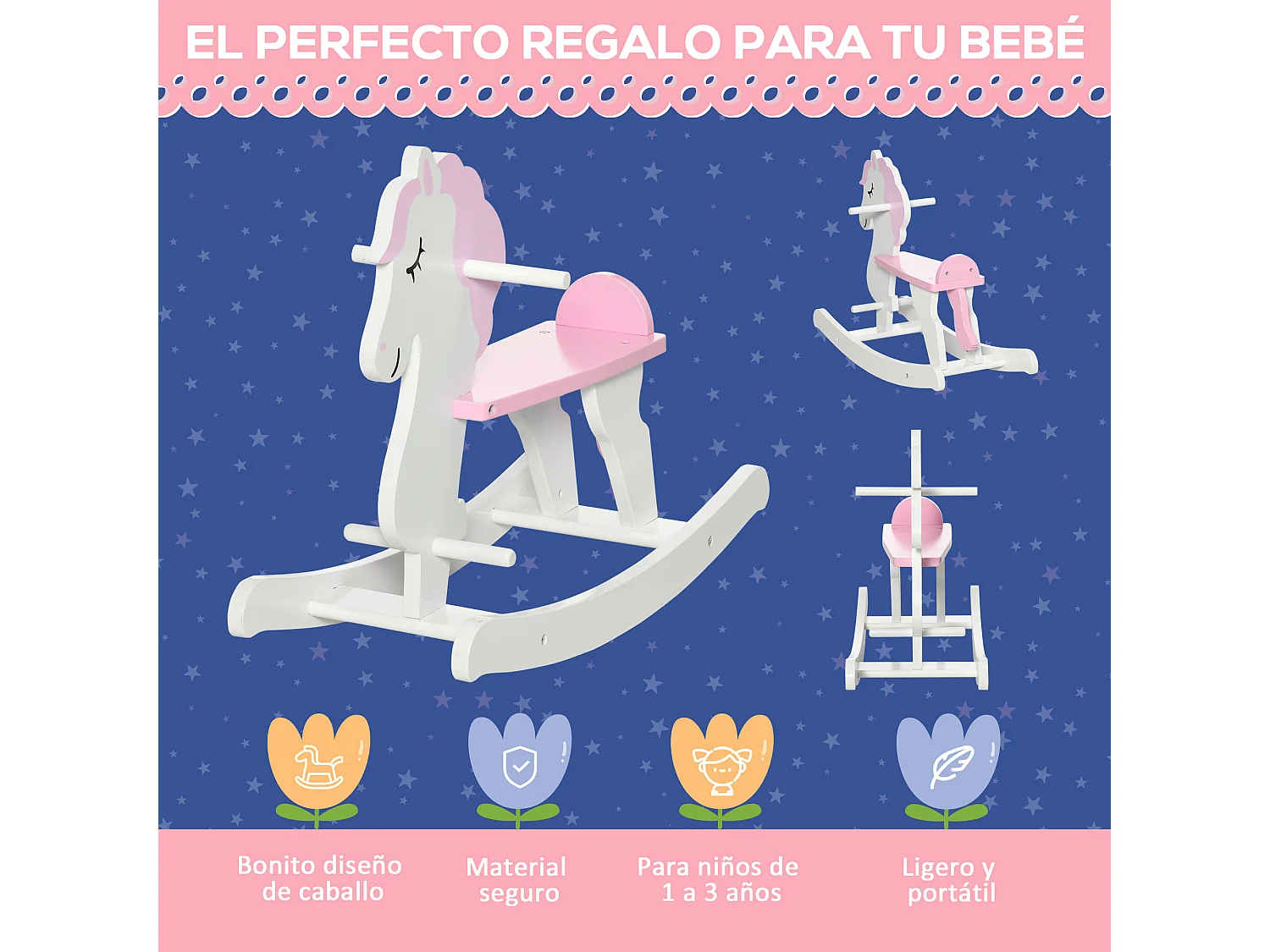 Caballito balancín infantil blanco y rosa 68x27x46.5 cm HOMCOM