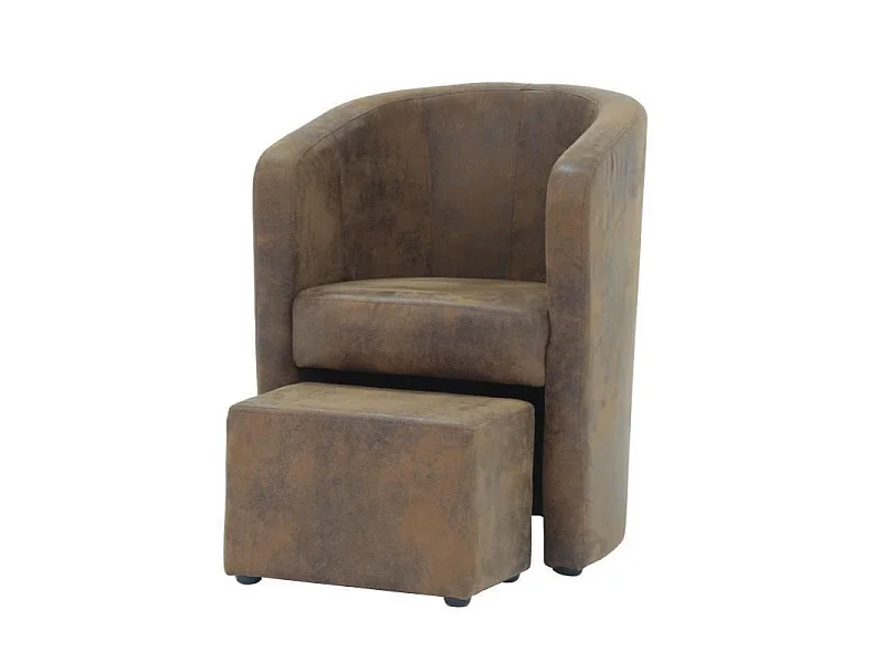 NUNO Fauteuil cabriolet + pouf en microfibre vintage marron - L 59 x P 63 x H 77 cm