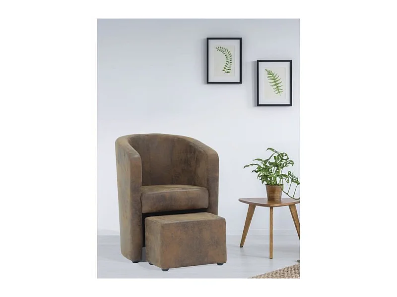 NUNO Fauteuil cabriolet + pouf en microfibre vintage marron - L 59 x P 63 x H 77 cm