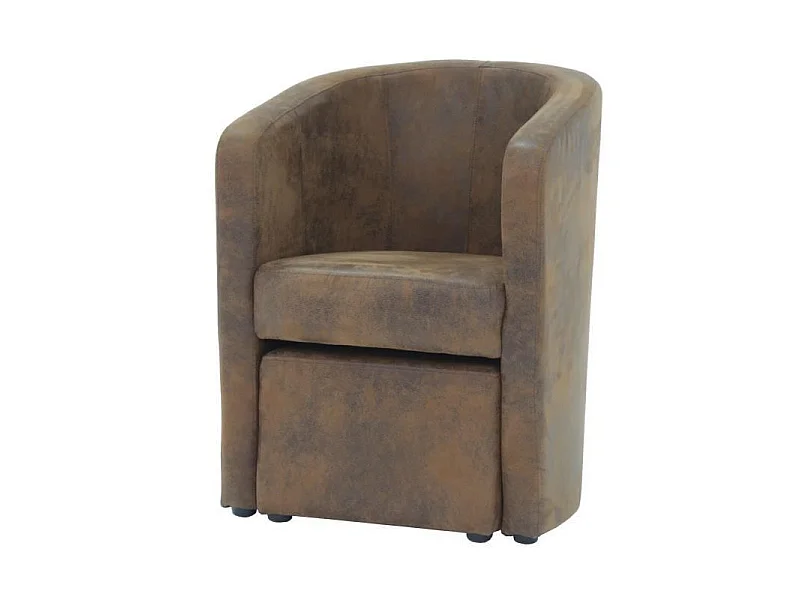 NUNO Fauteuil cabriolet + pouf en microfibre vintage marron - L 59 x P 63 x H 77 cm