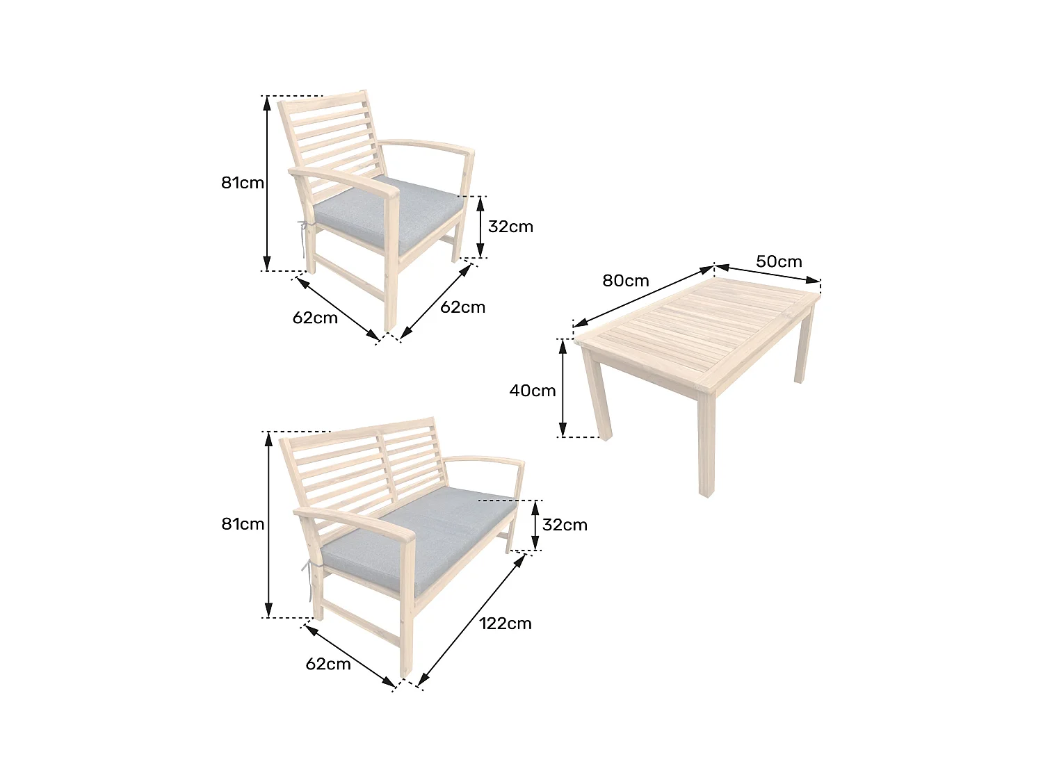 Acacia tuinmeubelset GOA 4 zits - grijze kussens