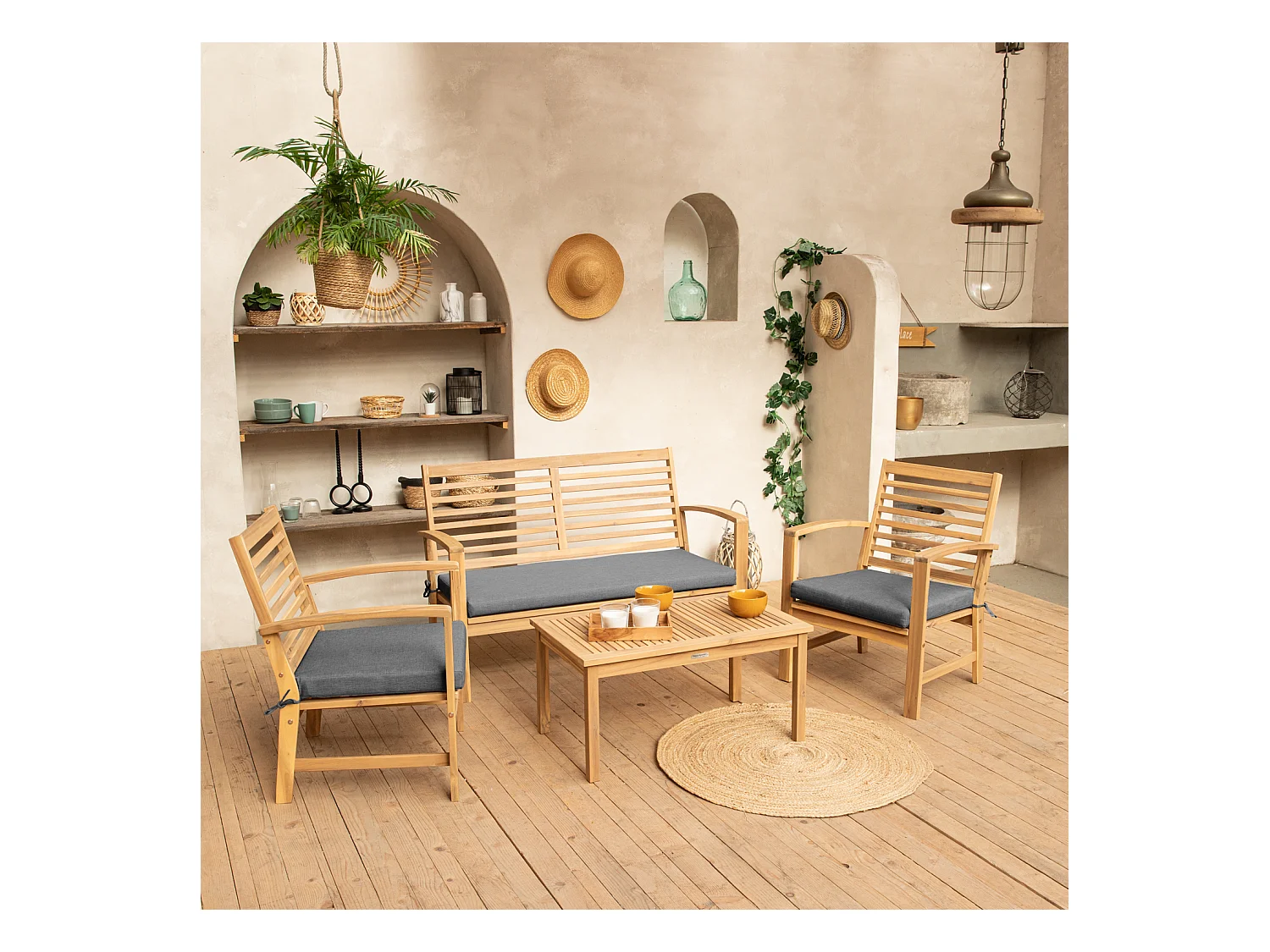 Salon de jardin en acacia 4 places GOA - coussins gris - HAPPY GARDEN