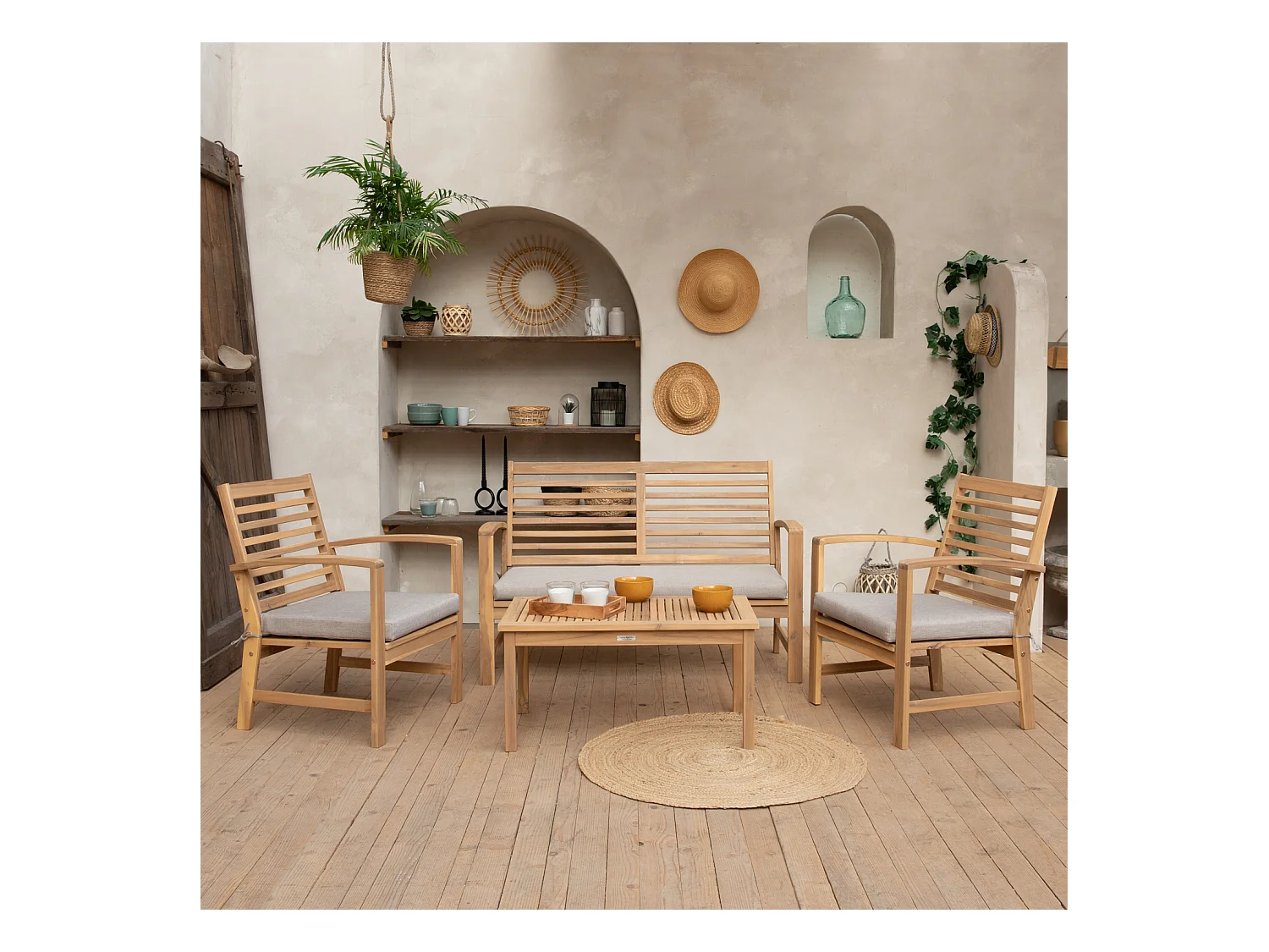Salon de jardin en acacia 4 places GOA - coussins sable - HAPPY GARDEN