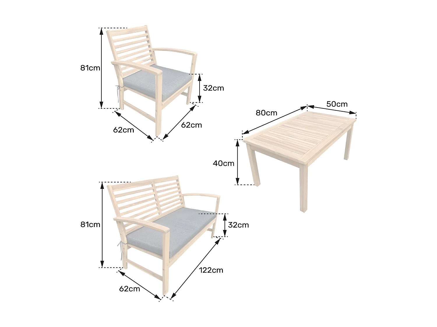 Set di mobili da giardino in acacia GOA 4 posti - cuscini sabbia