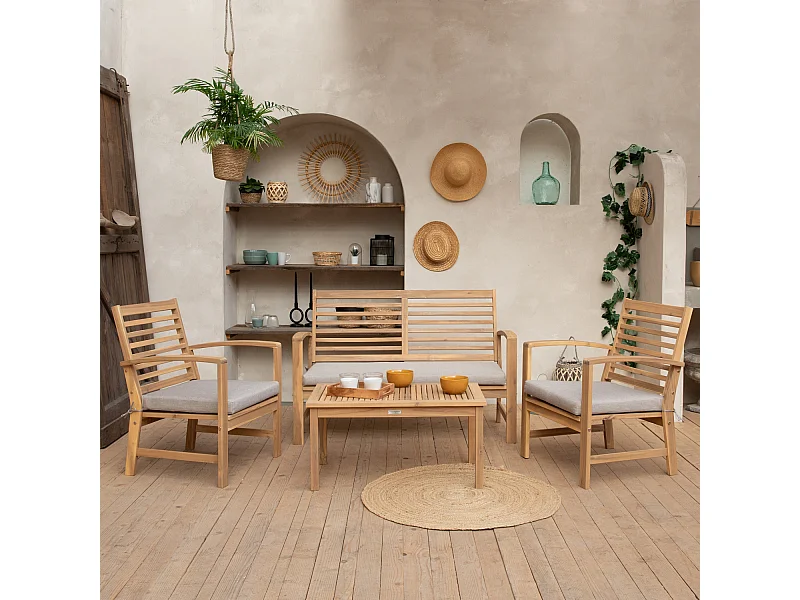 Salon de jardin en acacia 4 places GOA - coussins sable - HAPPY GARDEN