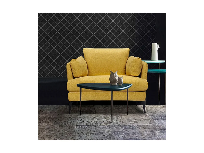 Fauteuil avec coussins tissu chiné jaune et pieds métal noir - BOON
