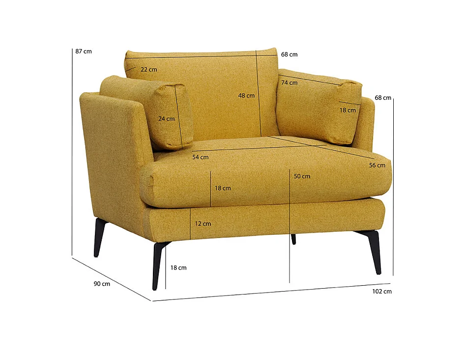 Fauteuil avec coussins tissu chiné jaune et pieds métal noir - BOON