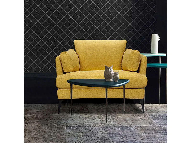 Fauteuil avec coussins tissu chiné jaune et pieds métal noir - BOON