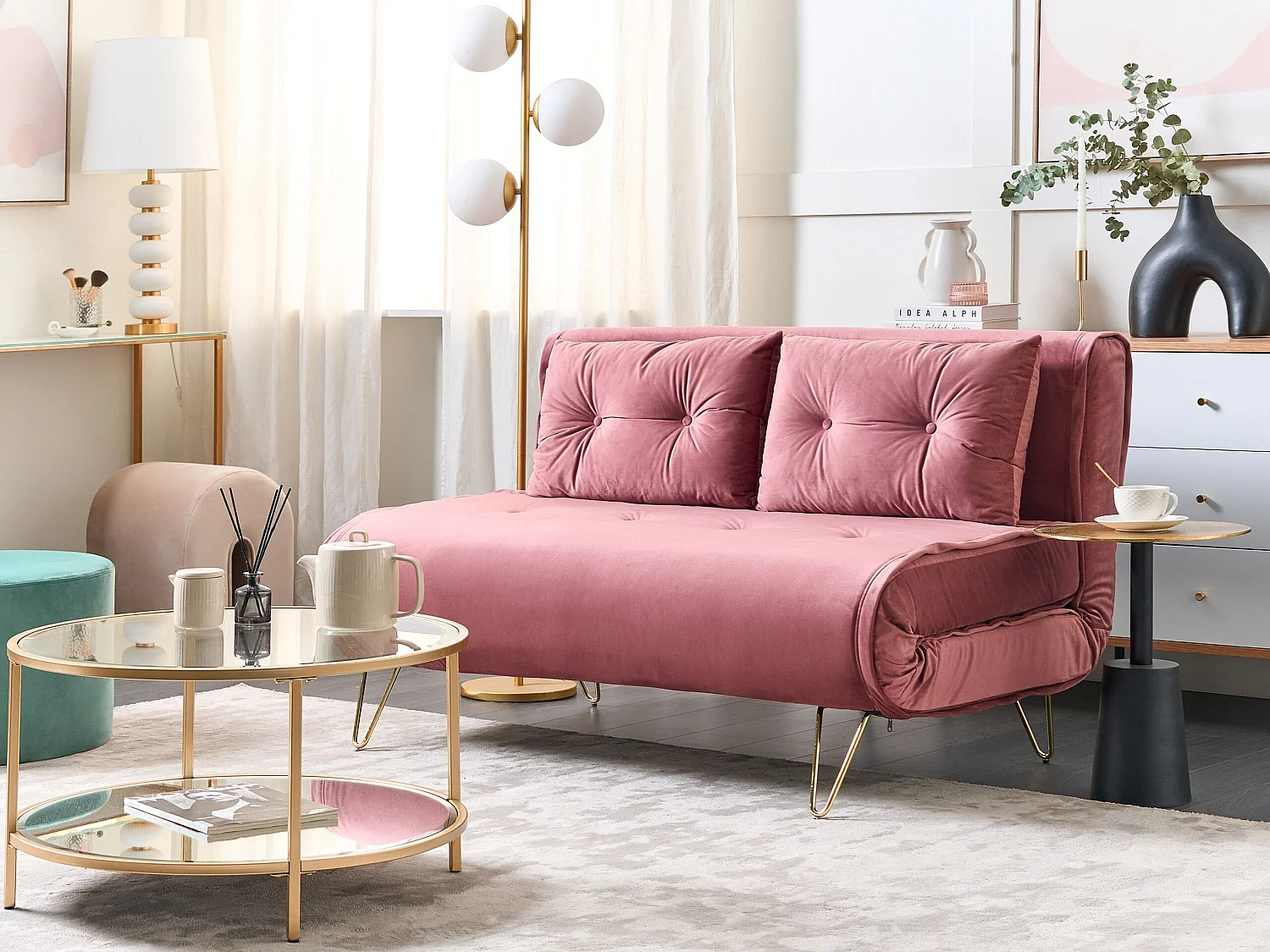 2-Sitzer Sofa rosa Samtstoff mit Schlaffunktion und Zierkissen Vestfold