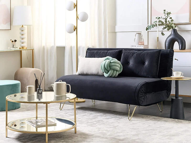 2-Sitzer Sofa schwarz Samtstoff mit Schlaffunktion und Zierkissen Vestfold