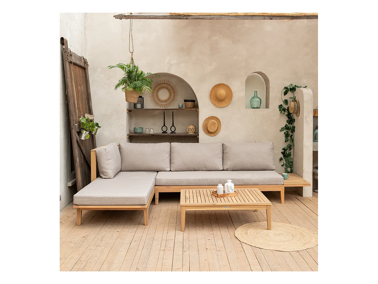 Gartenmöbel aus Akazienholz 4-Sitzer PANGKOR - Kissen Sand