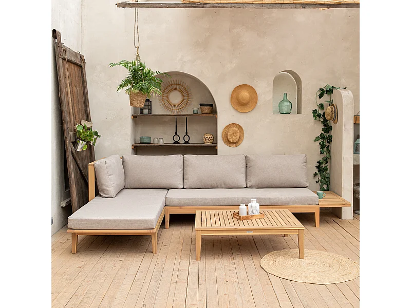 Salon de jardin en acacia 4 places PANGKOR - coussins sable - HAPPY GARDEN