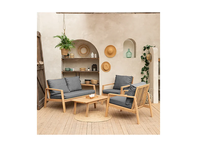 Gartenmöbel aus Akazienholz 4-Sitzer GILI - graue Kissen