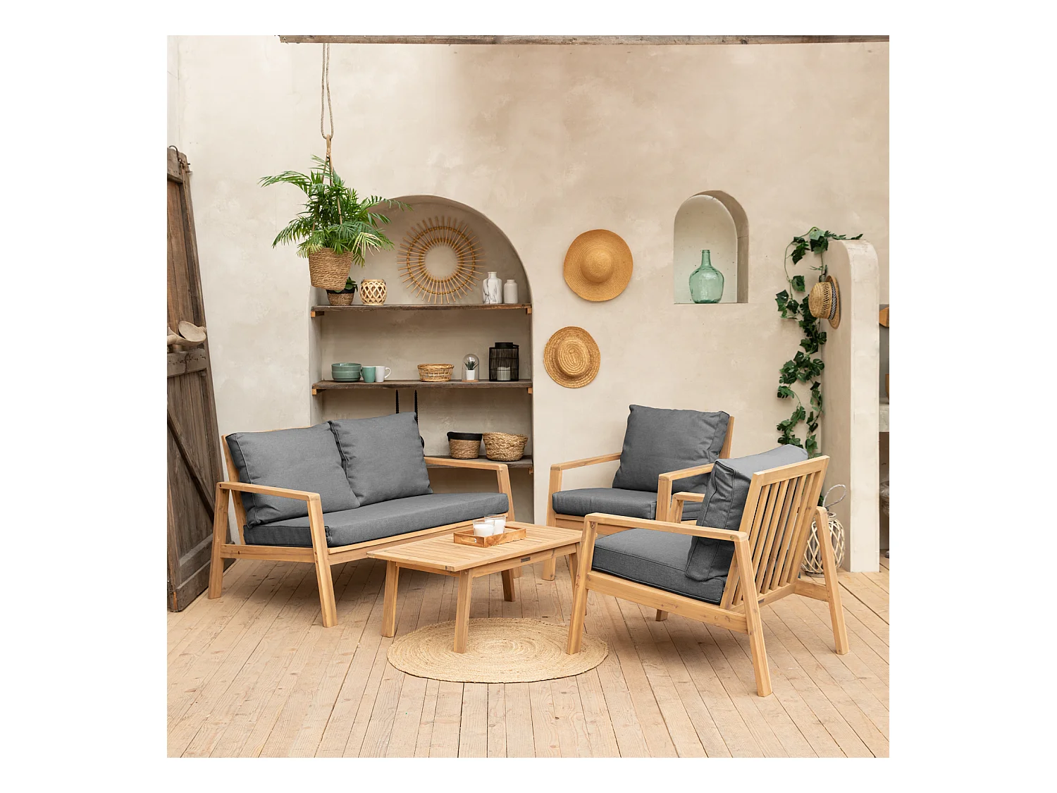 Gartenmöbel aus Akazienholz 4-Sitzer GILI - graue Kissen