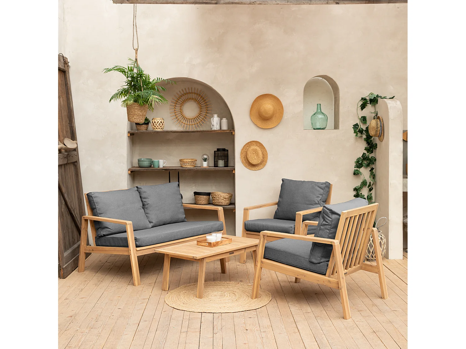 Acacia tuinmeubelset GILI 4 zits - grijze kussens