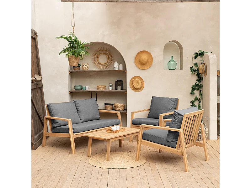 Salon de jardin en acacia 4 places GILI - coussins gris - HAPPY GARDEN