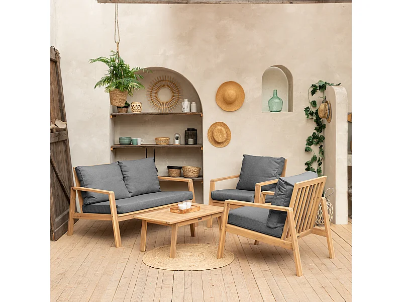 Salon de jardin en acacia 4 places GILI - coussins gris - HAPPY GARDEN