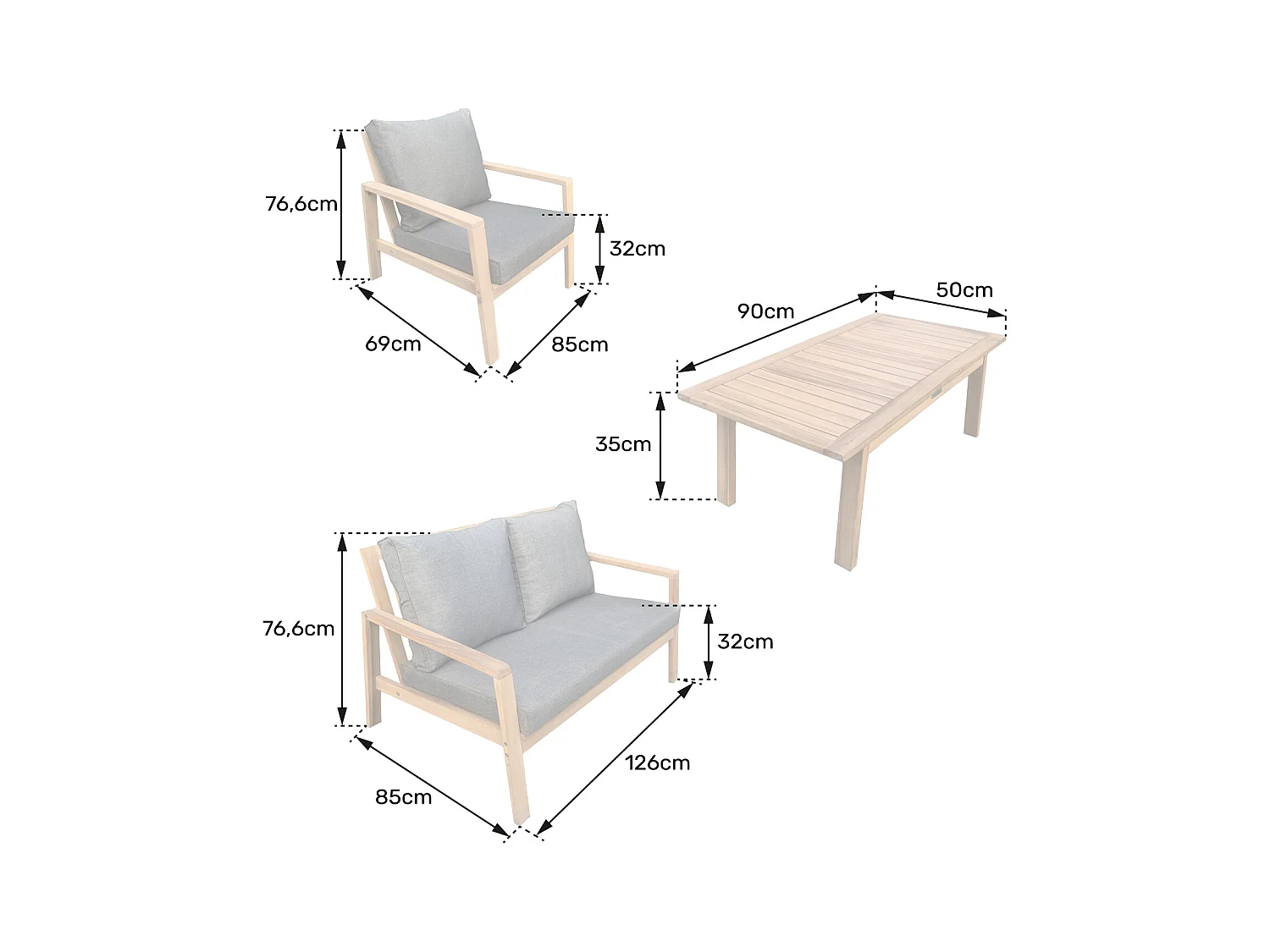 Conjunto de muebles de jardín de acacia GILI 4 plazas cojines arena