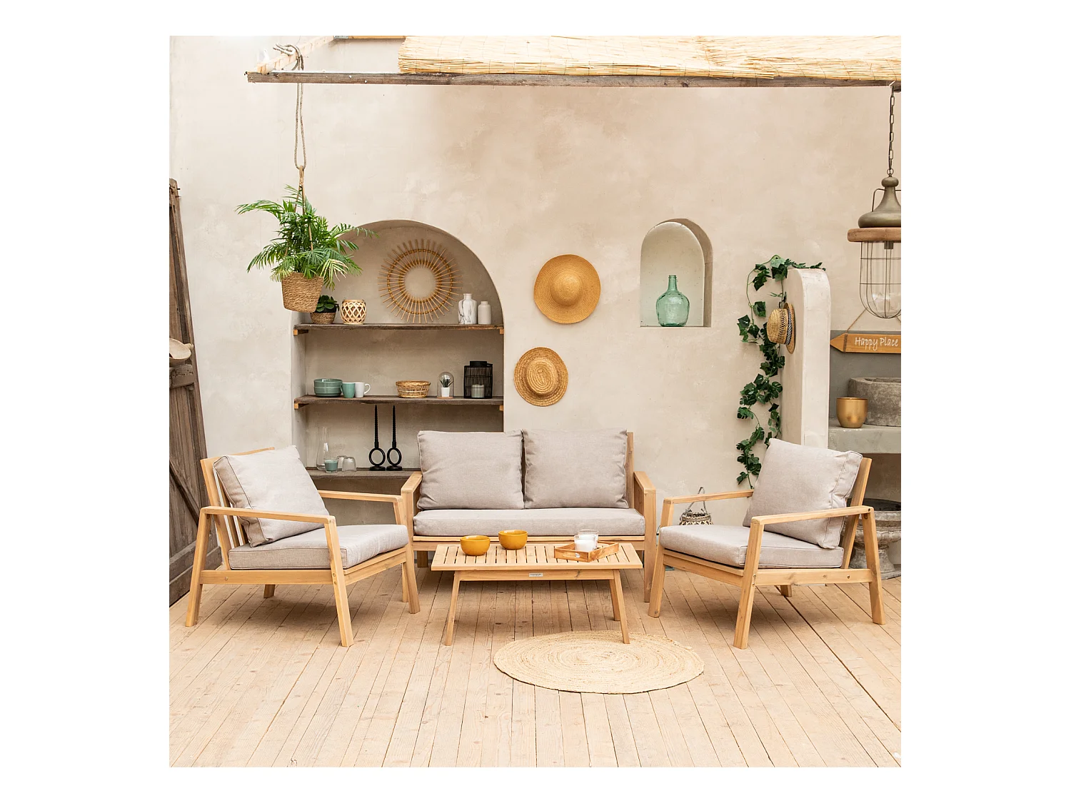 Salon de jardin en acacia 4 places GILI - coussins sable - HAPPY GARDEN