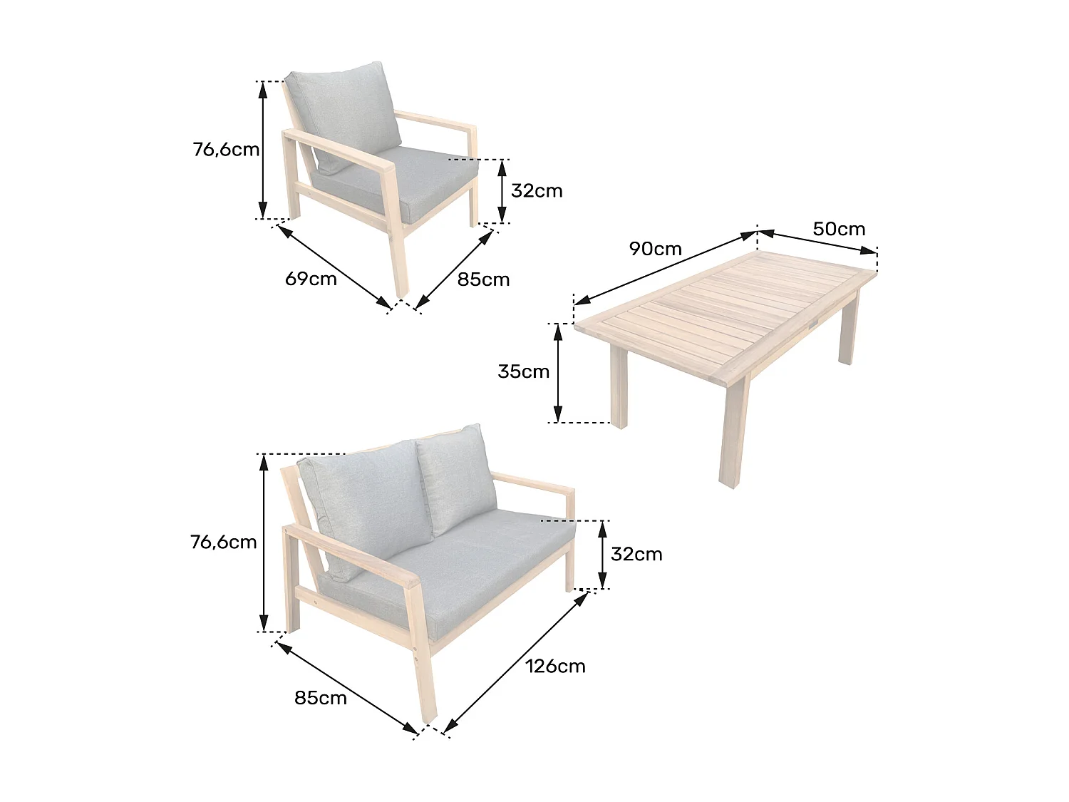 Set di mobili da giardino in acacia GILI 4 posti - cuscini sabbia
