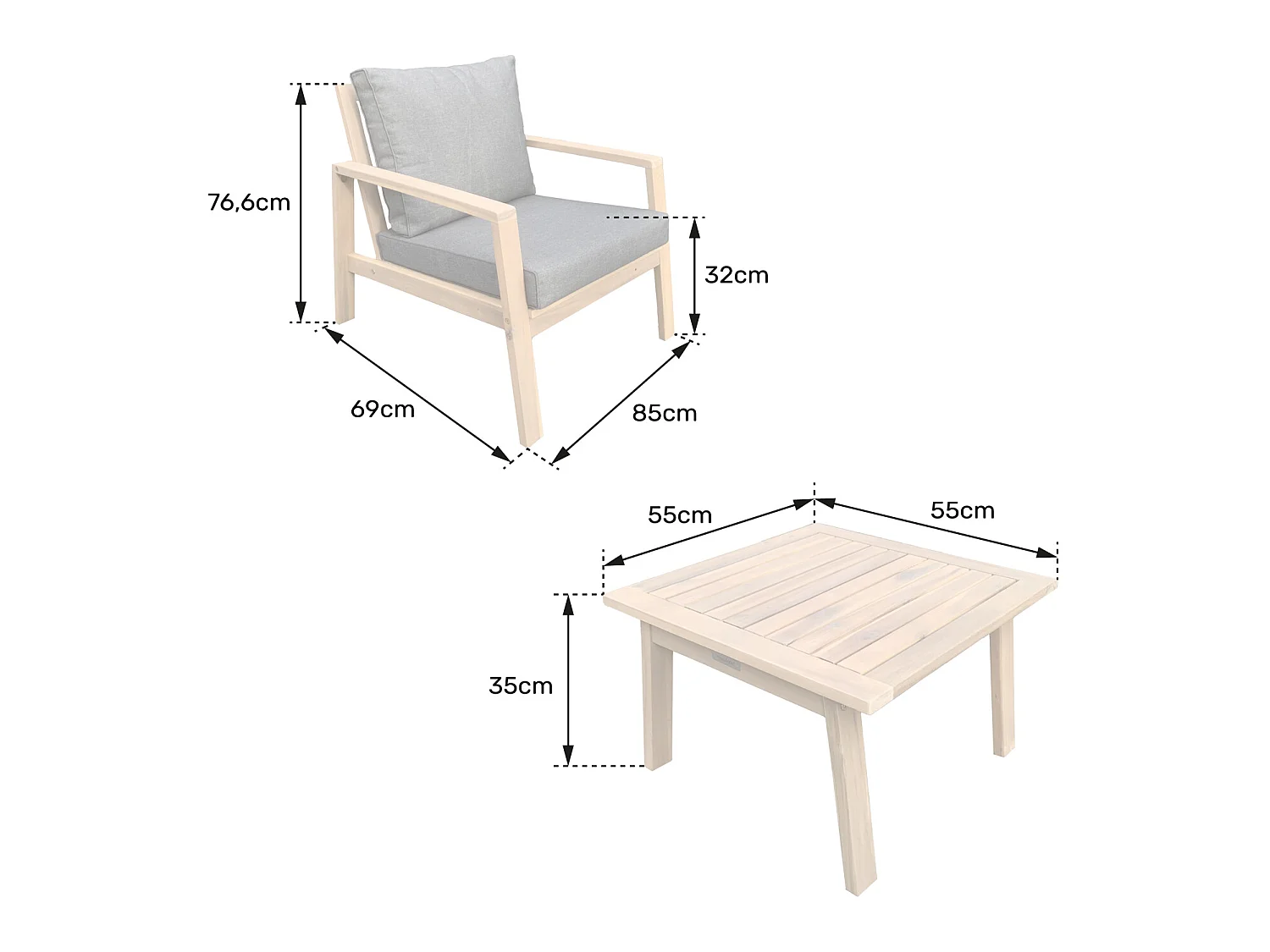 Acacia 2-zits tuinset GILI - grijze kussens