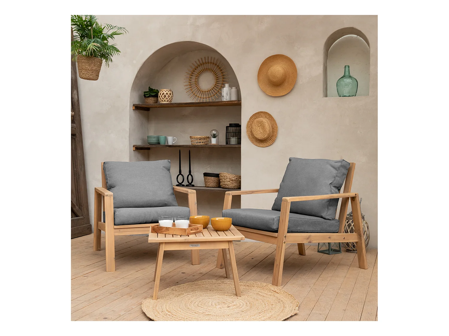 Salon de jardin en acacia 2 places GILI - coussins gris - HAPPY GARDEN