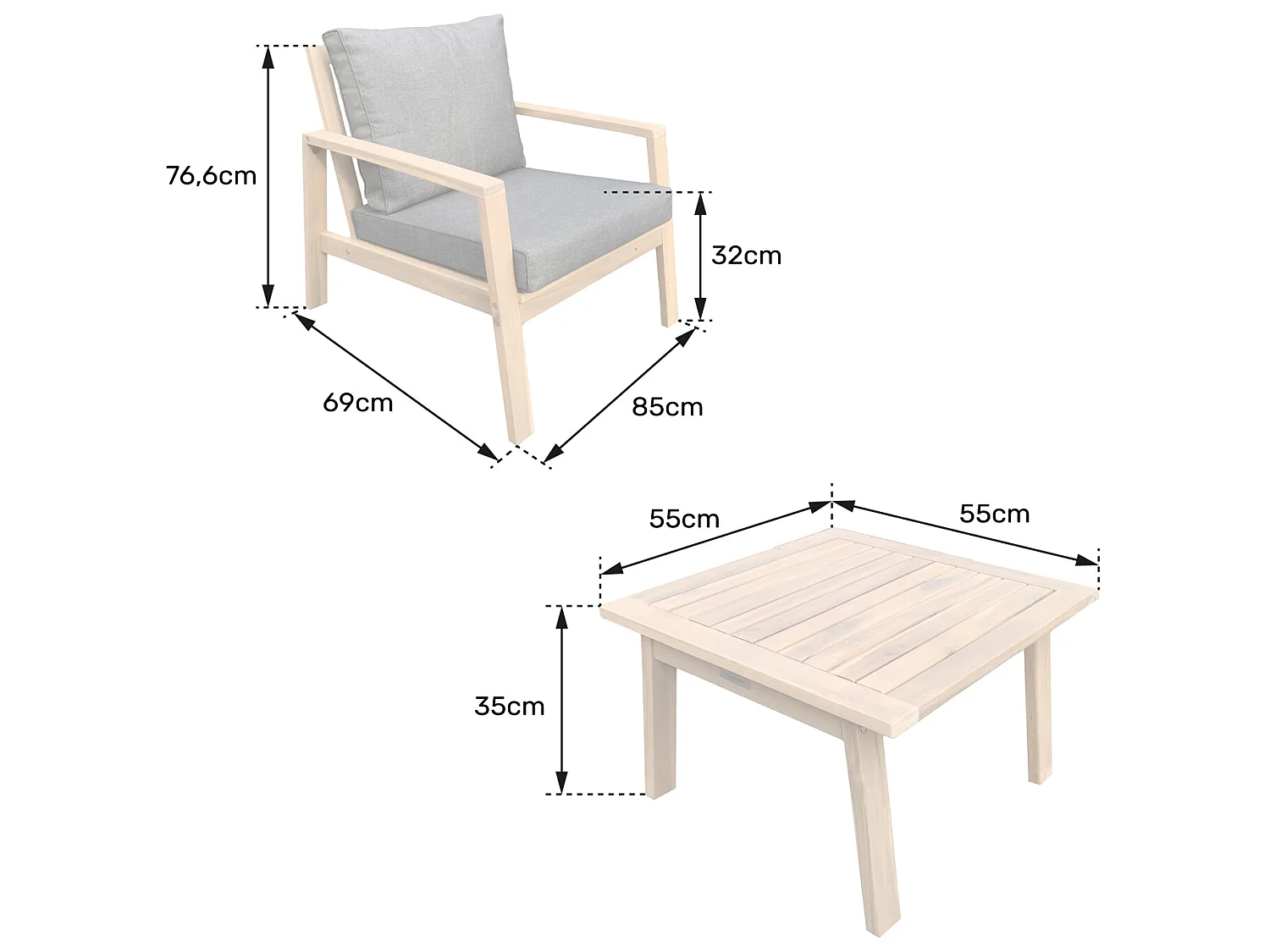Salon de jardin en acacia 2 places GILI - coussins gris - HAPPY GARDEN