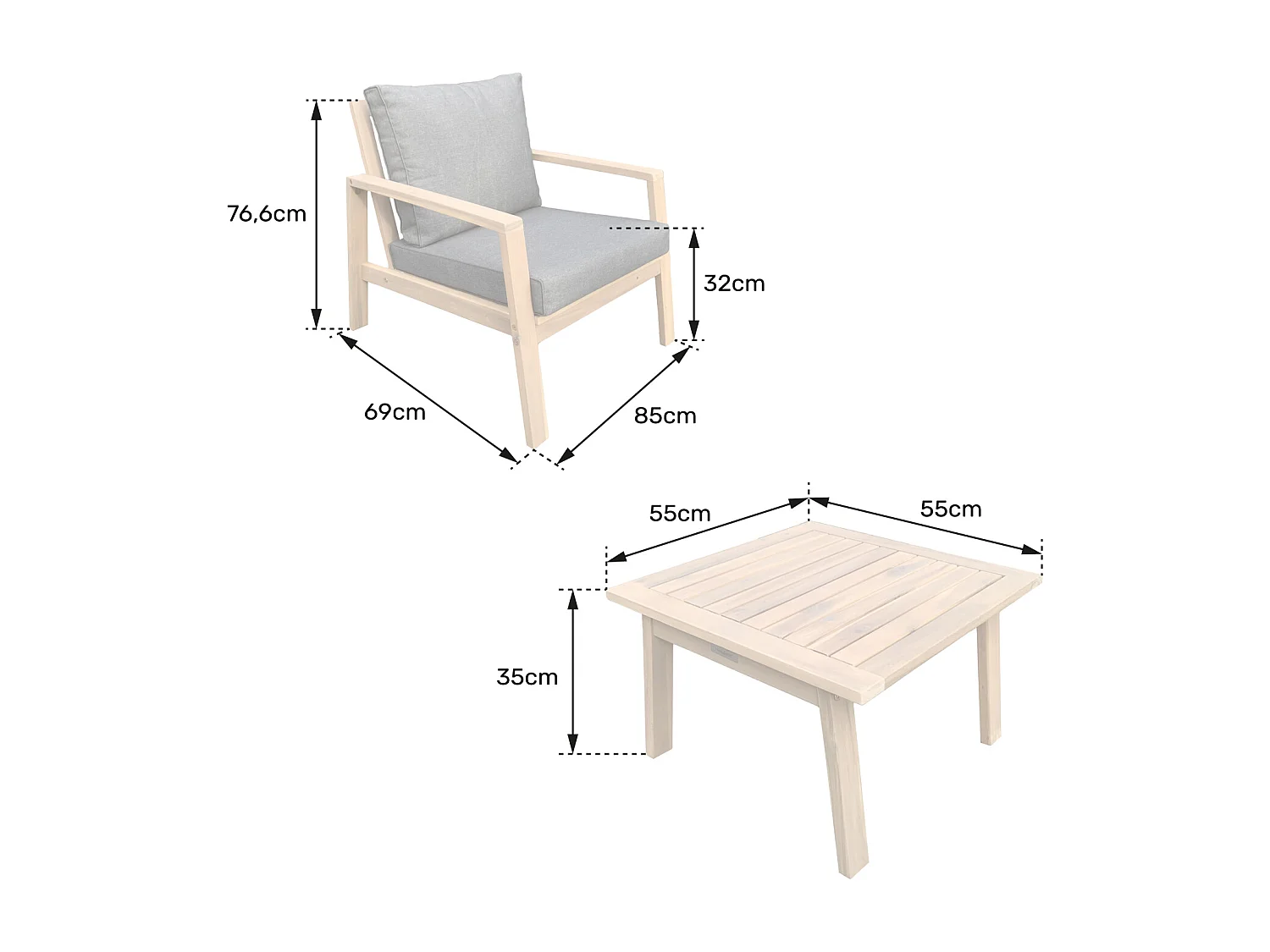 Conjunto de mobiliário de jardim de 2 lugares GILI - almofadas cinzentas Acacia