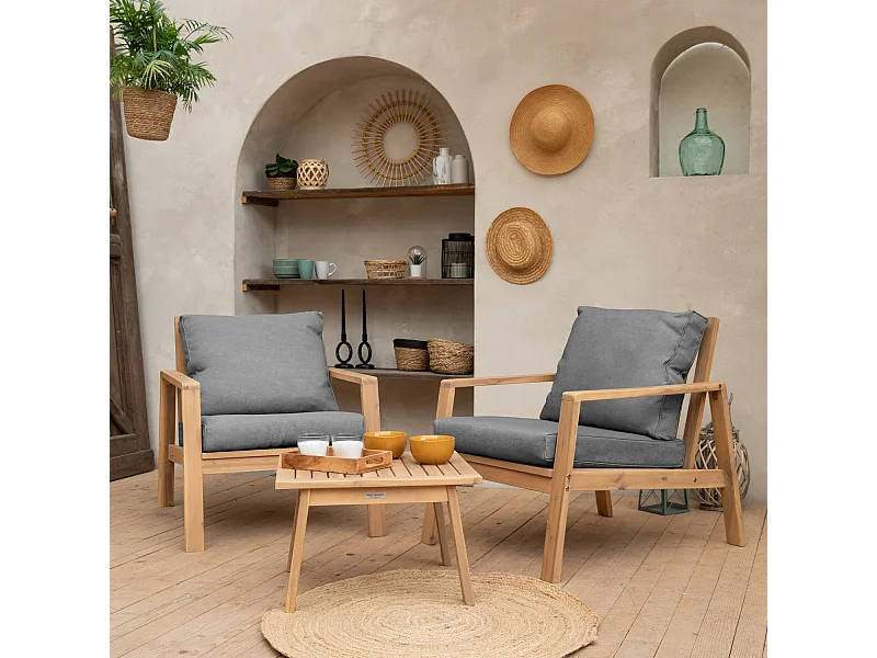 Set di mobili da giardino in acacia a 2 posti GILI - cuscini grigi