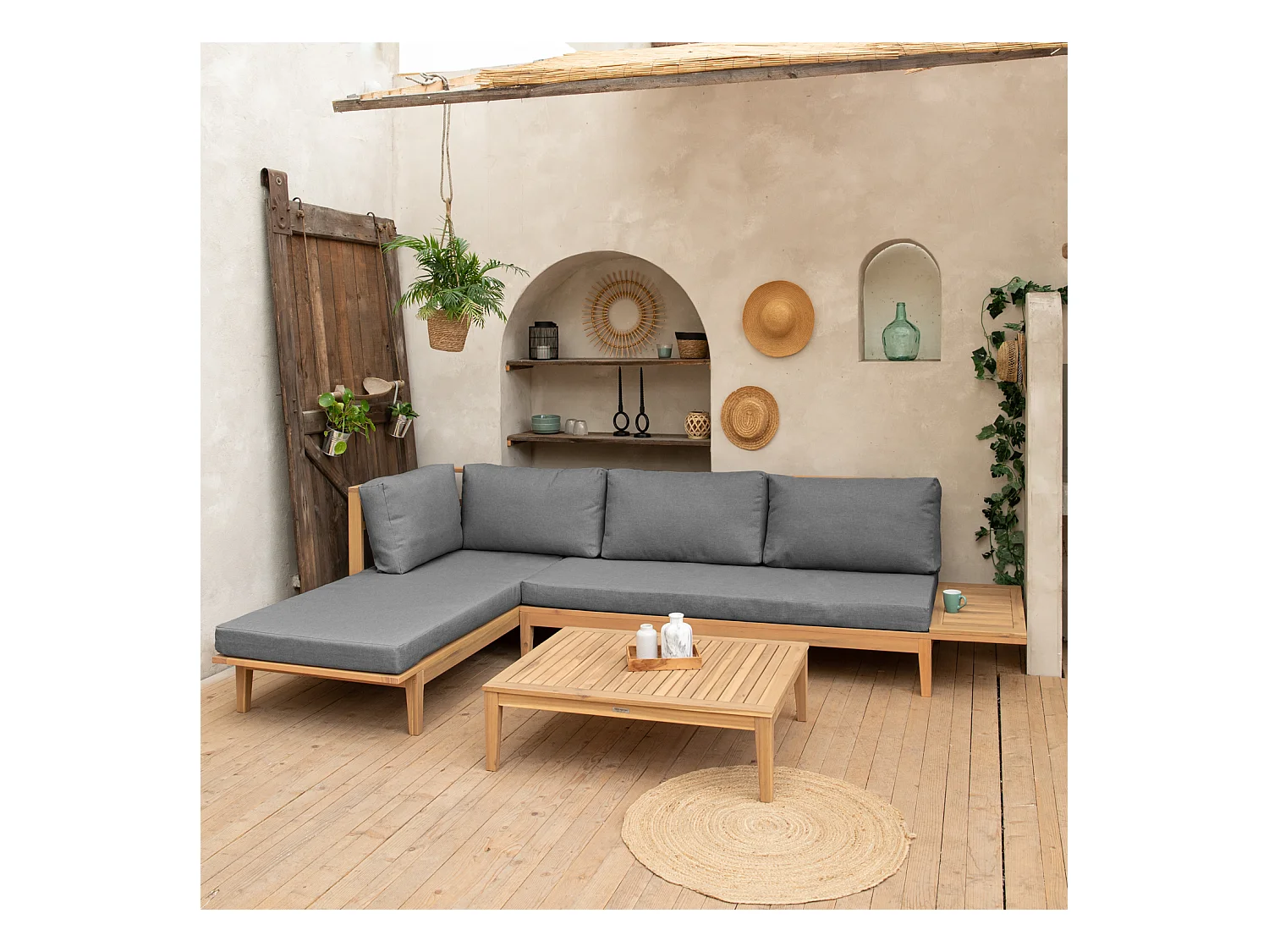 Gartenmöbel aus Akazienholz 4-Sitzer PANGKOR - graue Kissen