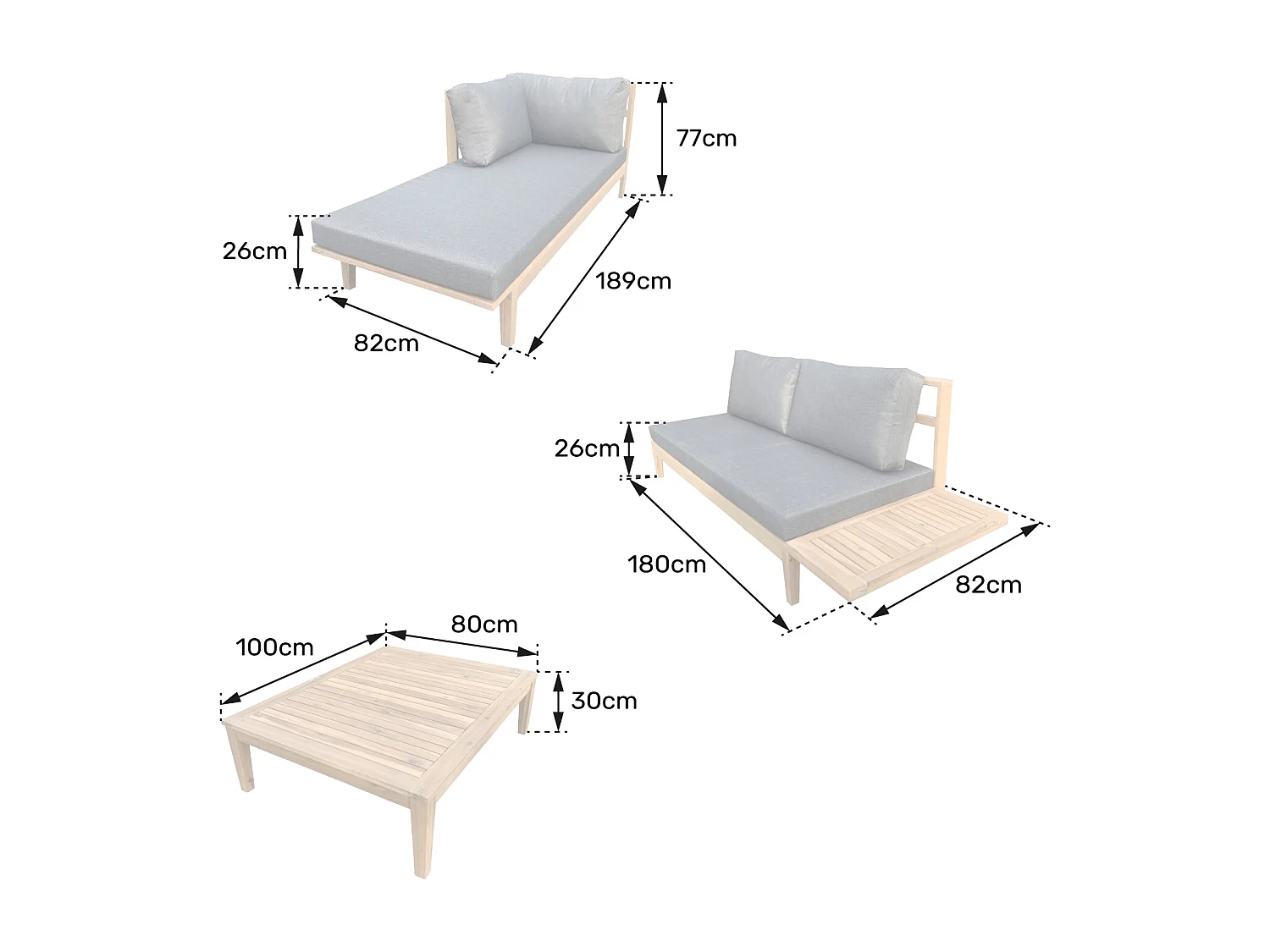 Salon de jardin en acacia 4 places PANGKOR - coussins gris - HAPPY GARDEN