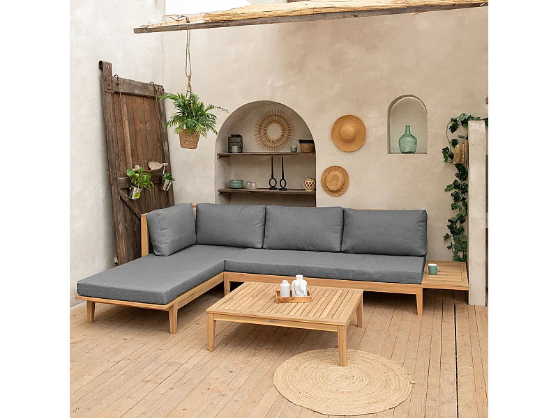 Salon de jardin en acacia 4 places PANGKOR - coussins gris - HAPPY GARDEN